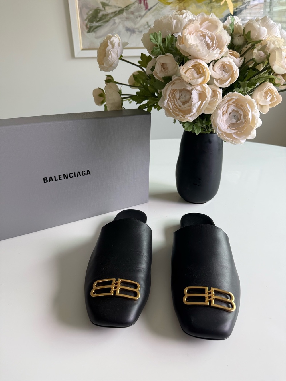Balenciaga Black Leather Mule Slides with Gold Double-B Emblem